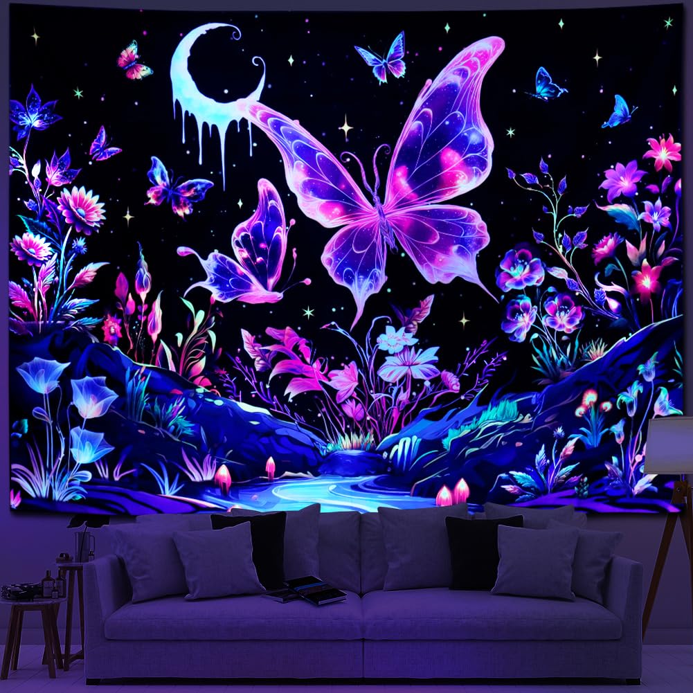 Yuiqear Blacklight Butterfly Tapestry UV Reactive Floral Plant Tapestries Trippy Nature Landscape Wall Tapestries Mysterious Starry Night Sky Tapestry