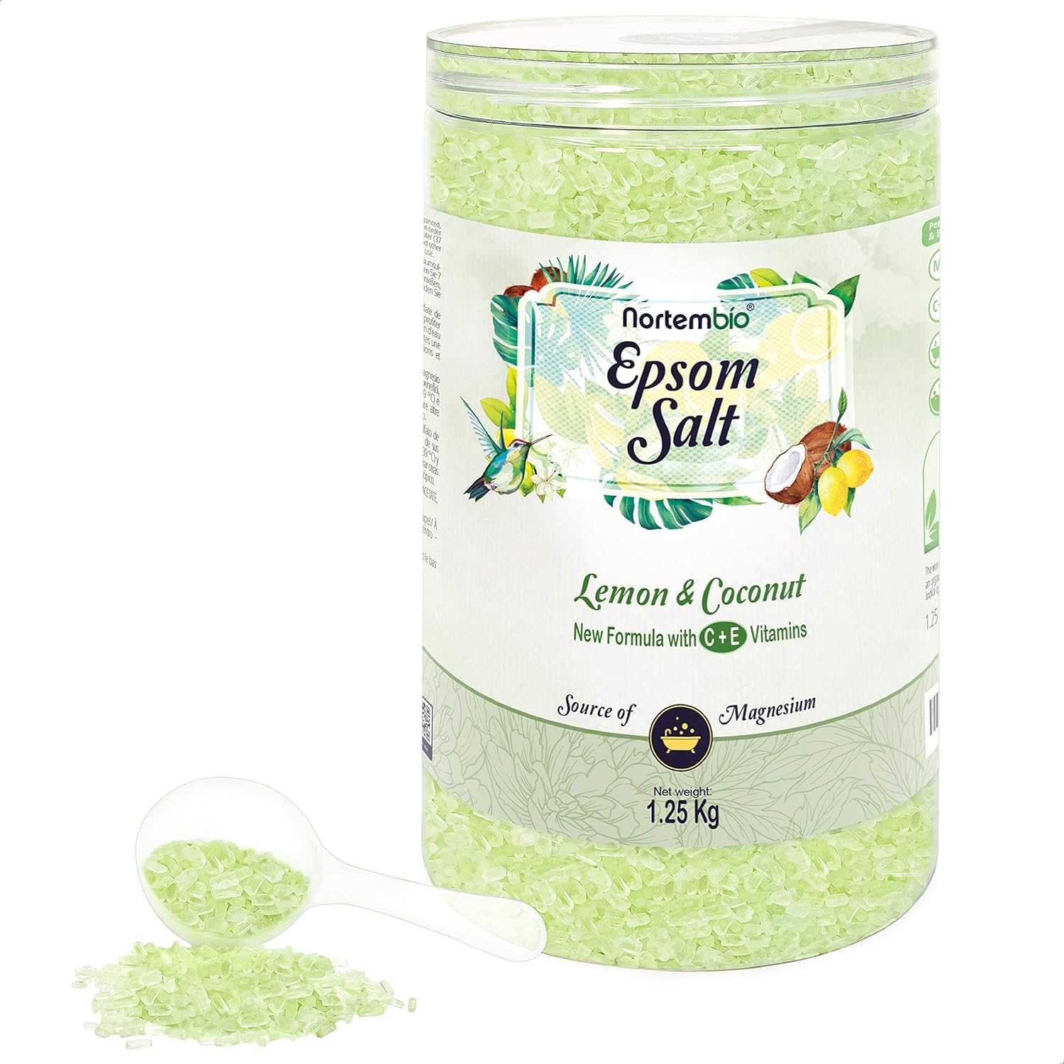 Nortembio Epsom Salt 100% Lemon & Coconut Fragrance 1,25 kg – Natural Source of Magnesium | with Moisturizing Vitamin C & E | for Relaxing Baths, Spa & Skincare + Free E-Book