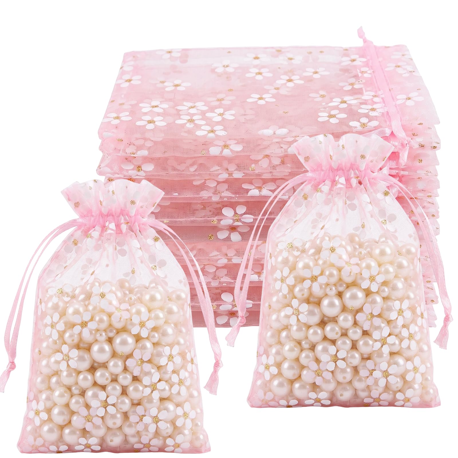 30Pcs Daisy Organza Bags 10x15CM Daisy Small OrganzaBag with Drawstring Organza Gift Bag Mesh Favor Bags for Birthday Wedding Party Baby Shower (10x15cm-Pink)