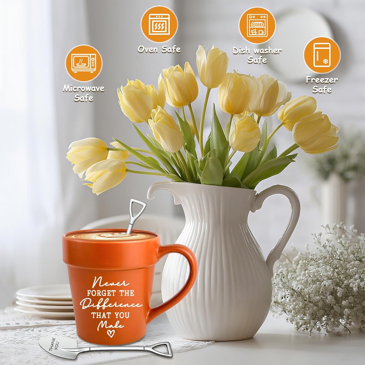 TEOUIOS Never Forget The Difference You Make Mug, Inspirational Teacher Gift with Shovel Spoon & Fork, Uplifting Plant Lover Present for Women, Mom, Mentor, Motivational Gardener Coffee Cup - Image 4