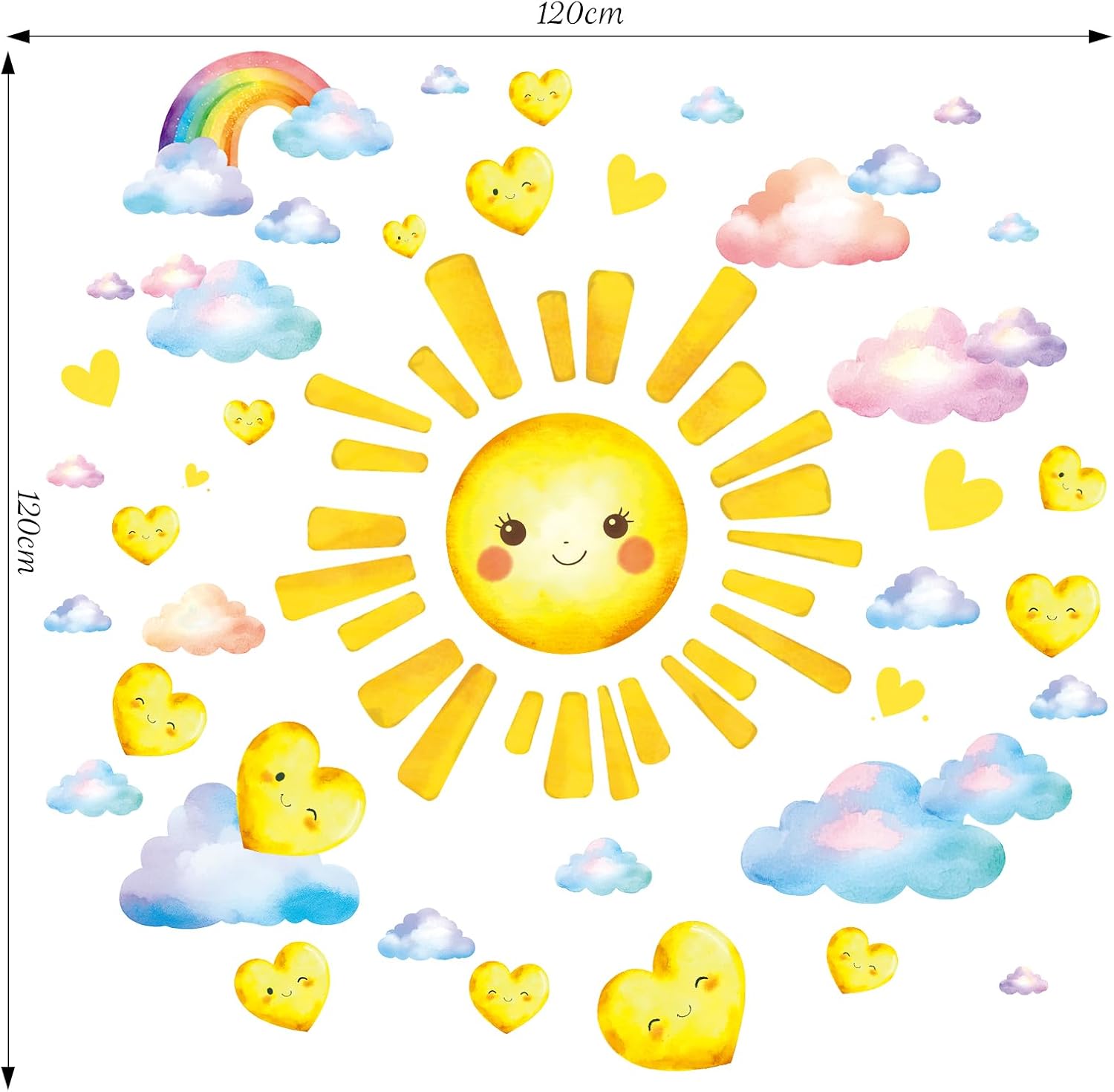 SHUCHING Large Sun Wall Sticker Peel and Stick, Vinyl Cloud Heart Wall Decal, Wall Decor for Kids Bedroom Nursery Playroom