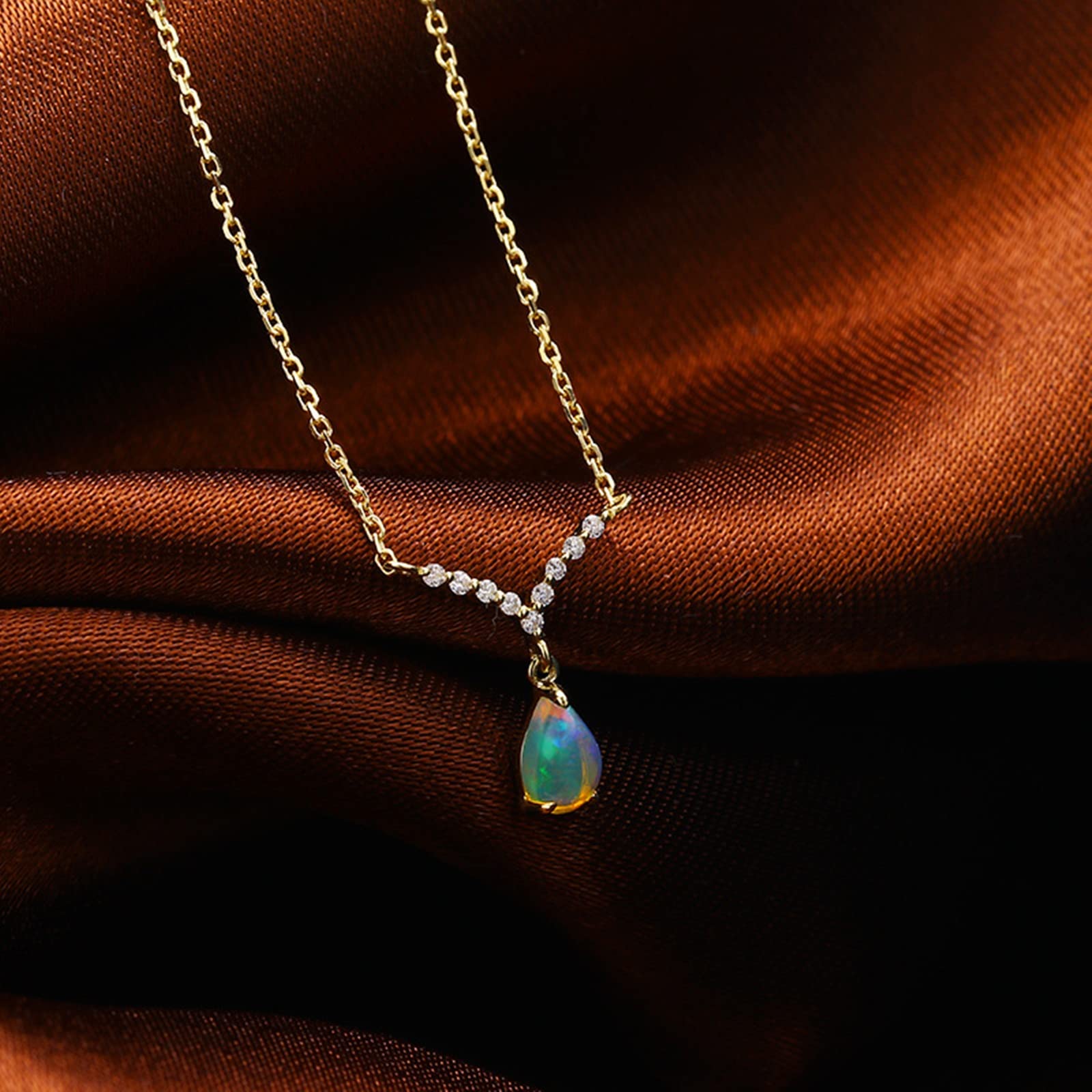 Epinki Collana Ciondolo, Collana Donna Oro 18K Lacrima Opale Multicolore con Diamante Bianco Rotonda Gioielli Catena 45CM