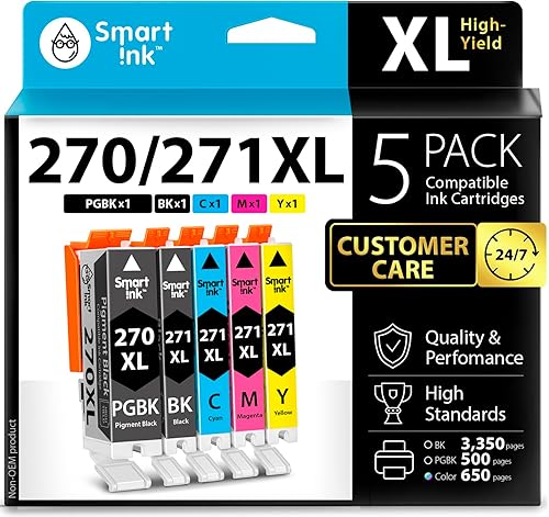 Smart Ink Cartucho de tinta de repuesto compatible para Canon PGI 270 XL CLI 271 XL PGI-270XL CLI-271XL, paquete de 5 (PGBK & BKCMY) para PIXMA