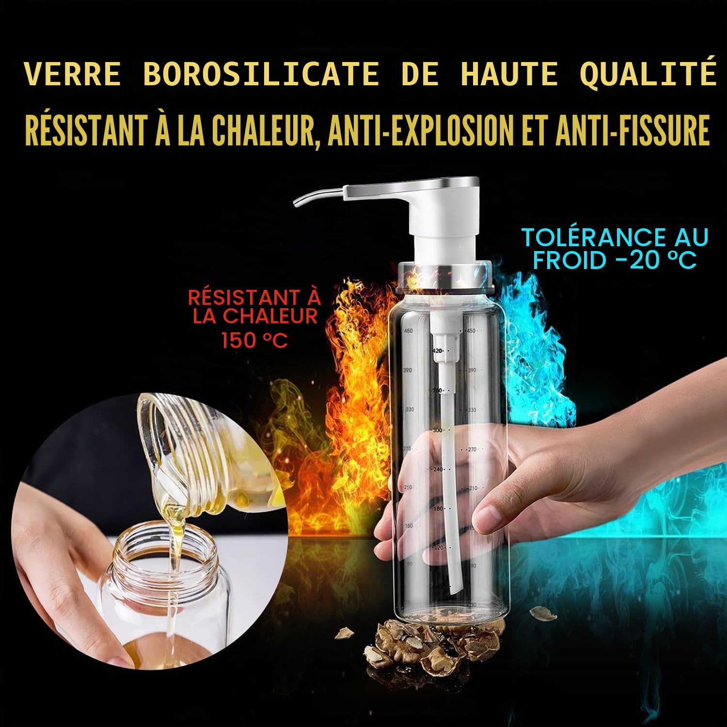 Lot de 4 distributeurs de pompe à sauce et sirop de café, bouteille en verre de 500 ml avec pompes en acier inoxydable et étanches de qualité alimentaire