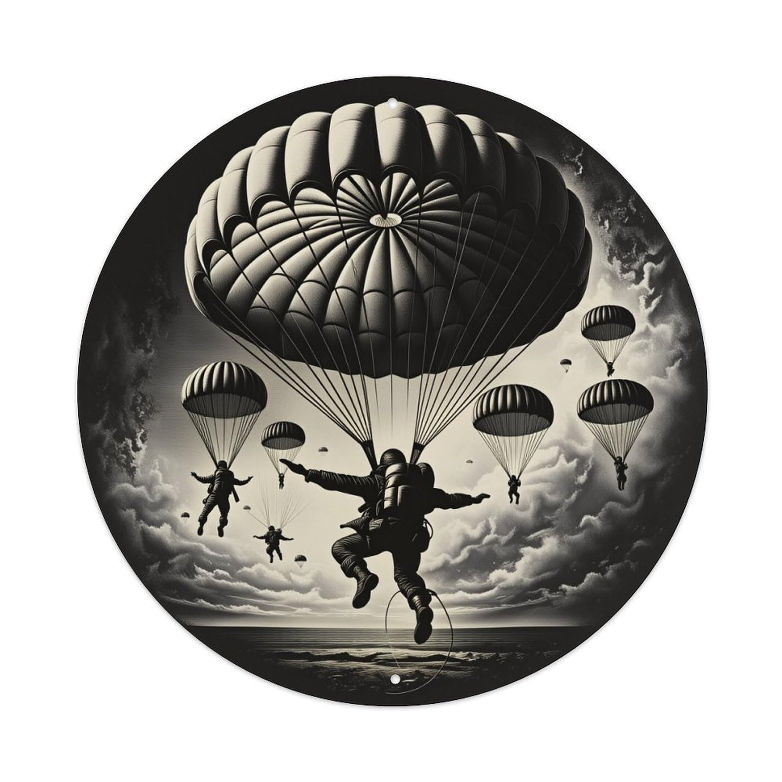 Wmlzdnwr Vintage Parachute Skydivers Clouds Ocean Nightfall Drama Motion Round Tin Sign,Retro Wall Art,Metal Poster For Home, Bar, Garage, Cafe, Rustic Indoor & Outdoor Decor, 8X8 Inches