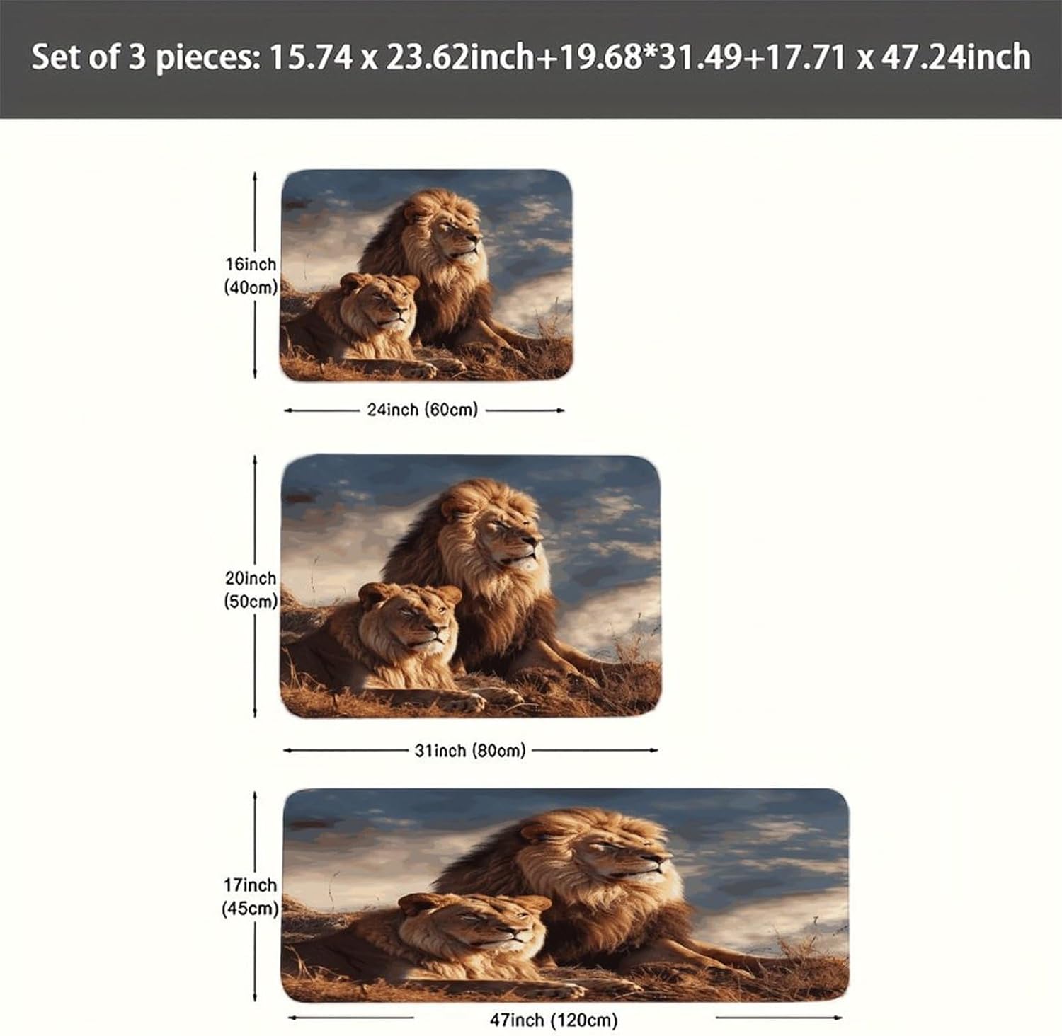 Two Lions Kitchen Mats Soft Absorbent Rugs for Floor Non Slip Washable Kitchen Mats Fashion Rectangular Rugs for Three-Piece Set for Laundry Office Home Sink