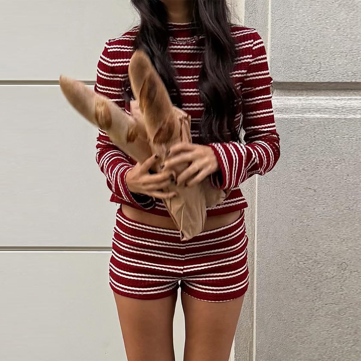 Womens Striped 2 Piece Outfits Long Sleeve Round Neck Crop Top Mini Shorts Casual Going Out Sets - Image 3