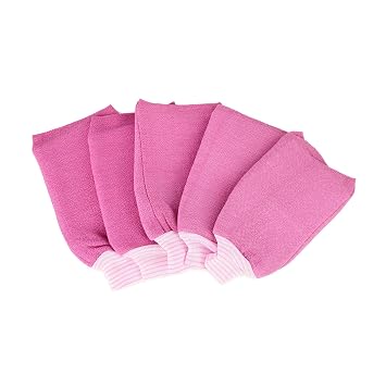 Exfoliating Bath Gloves for Body Scrub 5 PACK Women Exfoliator Scrubber Shower Mitt Removing Dead Skin Hammam Towel - PINK