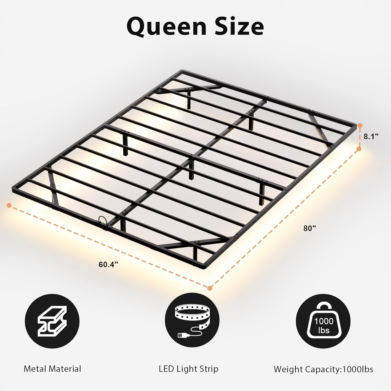 Queen Size Floating Bed Frame with Smart LED Lights, Modern Metal Platform Floating Bed Frame Queen - Heavy Duty Easy Assembly No Box Spring Needed and Noise Free