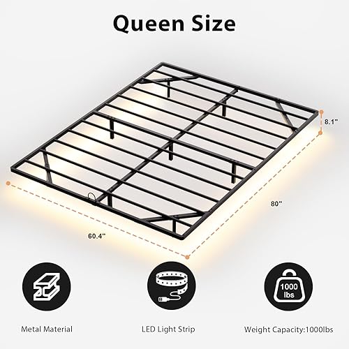 Miniatura 2 de Base de cama flotante tamaño Queen con luces LED inteligentes, plataforma de metal moderna, marco de cama flotante Queen – Resistente y fácil