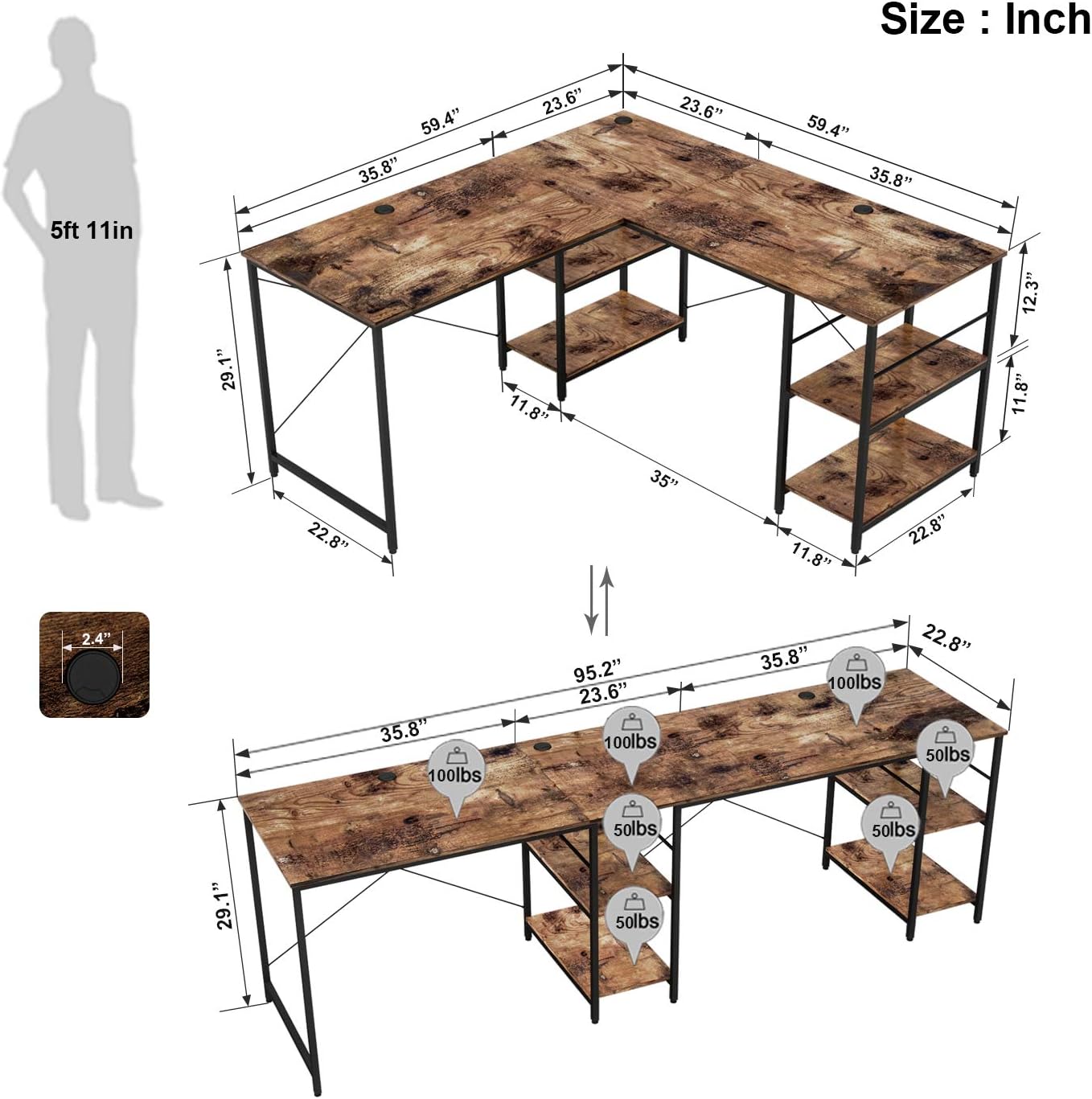Bestier L Shaped Desk with Shelves 95.2 Inch Reversible Corner Computer Desk or 2 Person Long Table for Home Office Large Gaming Writing Storage Workstation P2 Board with 3 Cable Holes, Rustic Brown: Kitchen & Dining