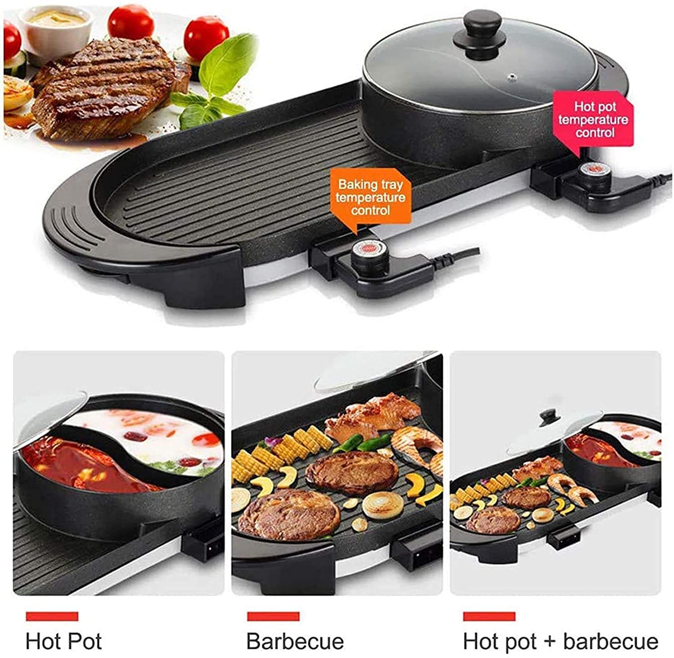 Parrilla de Asar Grill de Asar Plancha de Asar Parrilla eléctrica para olla caliente Parrilla eléctrica para barbacoa Interior 2 en 1 Gran capacidad Interior Multifuncional Sartén antiadherente Bar