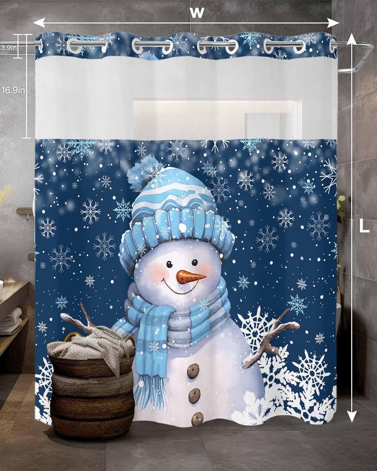 Christmas No Hook Shower Curtain with Snap in Liner, Blue Snowman Snowflake Shower Curtain for Bathroom Waterproof Winter Xmas Bath Curtain with See Through Mesh Top Window, 72" x 72"