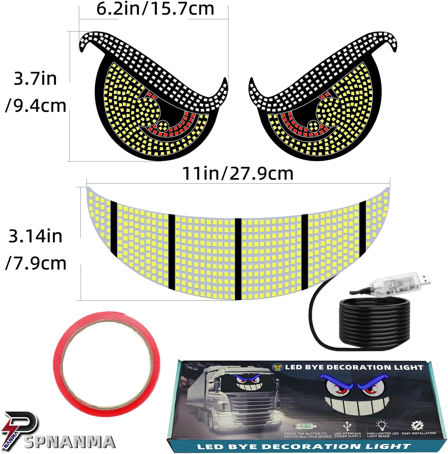 Devil Eyes and Smile LED Light for Car Windshield, Animated LED Eyes and Grin Display Sign, 11 Modes USB Plug Light, Flexible LED Decoration for Car or Truck