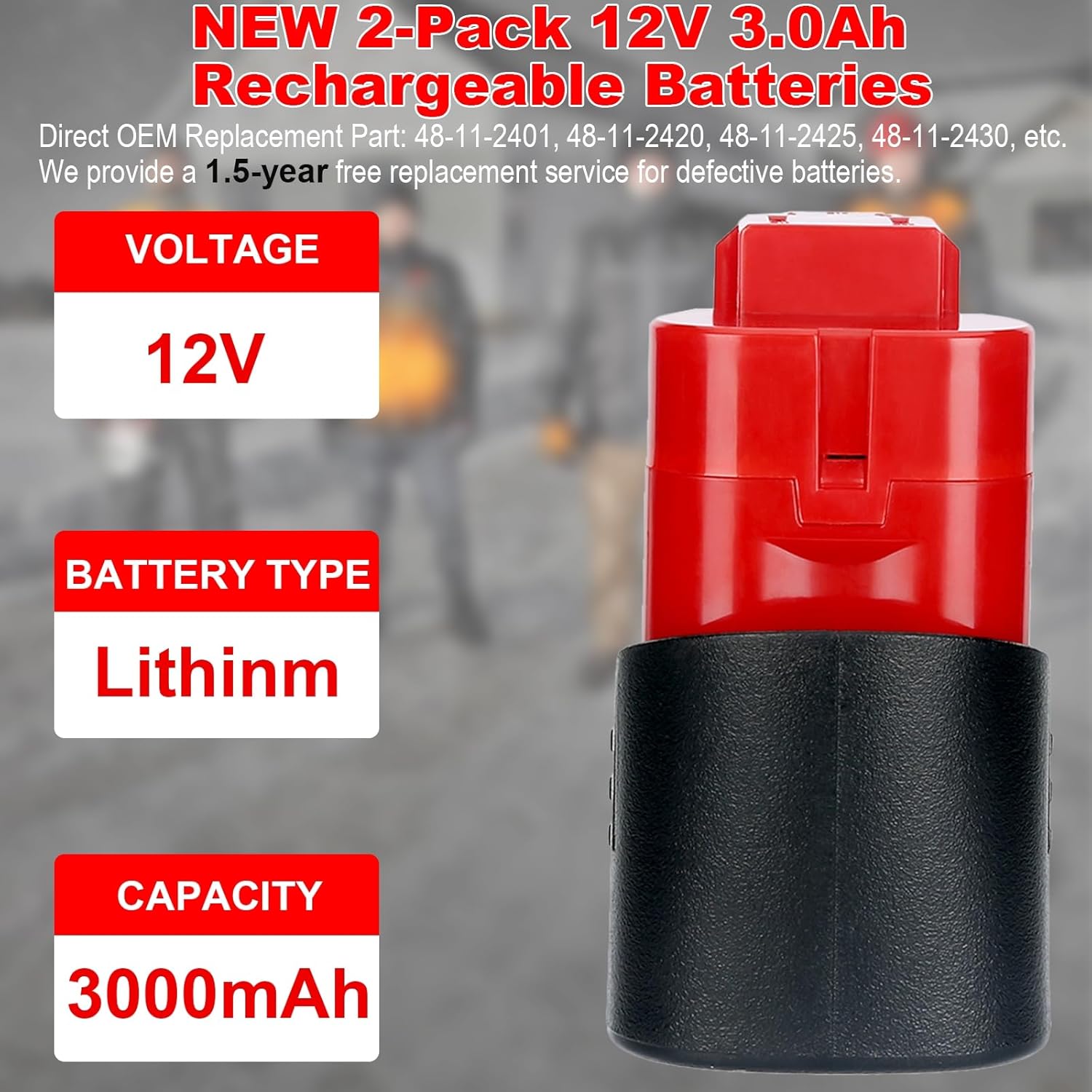 2-Pack 12V Replacement Battery Compatible with Mil-Waukee 12 Volt Tool & Heated Jacket, Lithium Ion Rechargeable for 48-11-2401, 48-11-2411, 48-11-2420, 48-11-2425, 48-11-2430, 48-11-2440, 48-11-2450