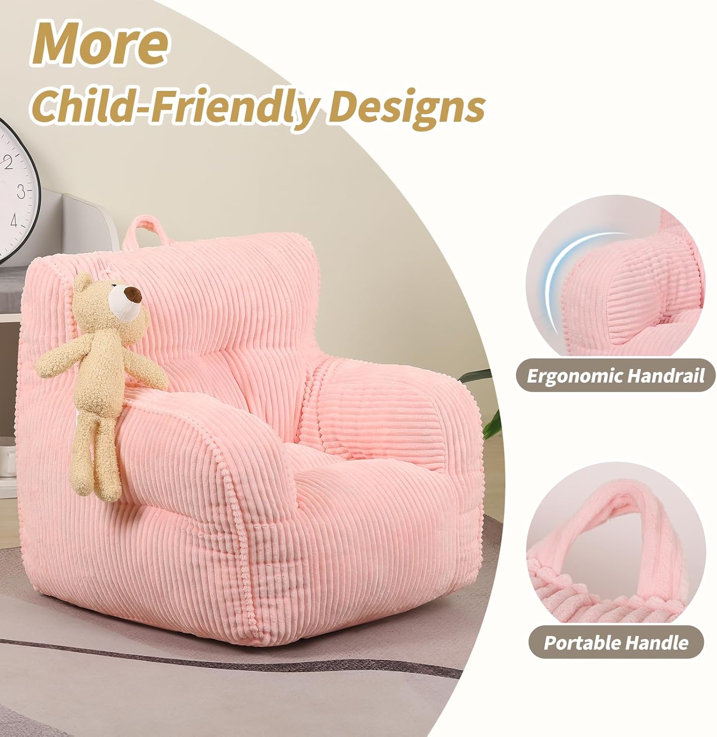 Kids Bean Bag Chair with a Plush Bear, Comfy Toddler Chair for Boys and Girls, Pink