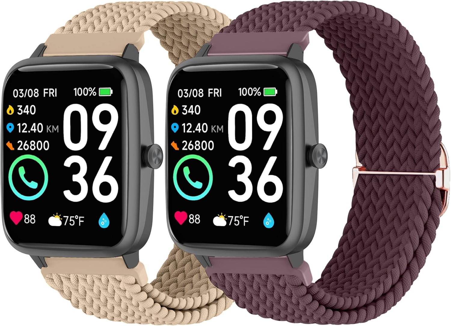 2 Pack Braided Elastic Bands for IDW13,IDW16,IDW19 Smartwatch, 22mm Soft Nylon Straps for Fitpolo IDW13/Woneligo W13/FITVII HM57, TOOBUR/ENOMIR/MILOUZ/Gydom/Faweio/Amzhero/Tensky IDW19 Watch Women Men