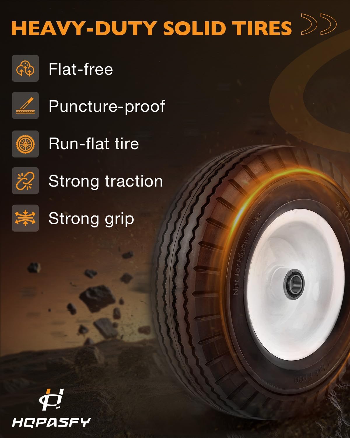 HQPASFY 2 Pack 4.10/3.50-6 Flat Free Tire, 12.5 Inch Universal Solid Tire Wheel 3/4" & 5/8" Bearings, 3"-3.5"-4"-4.5"-Center Hub for Lawn Garden Cart, Hand Truck, Wheelbarrow, Utility Cart