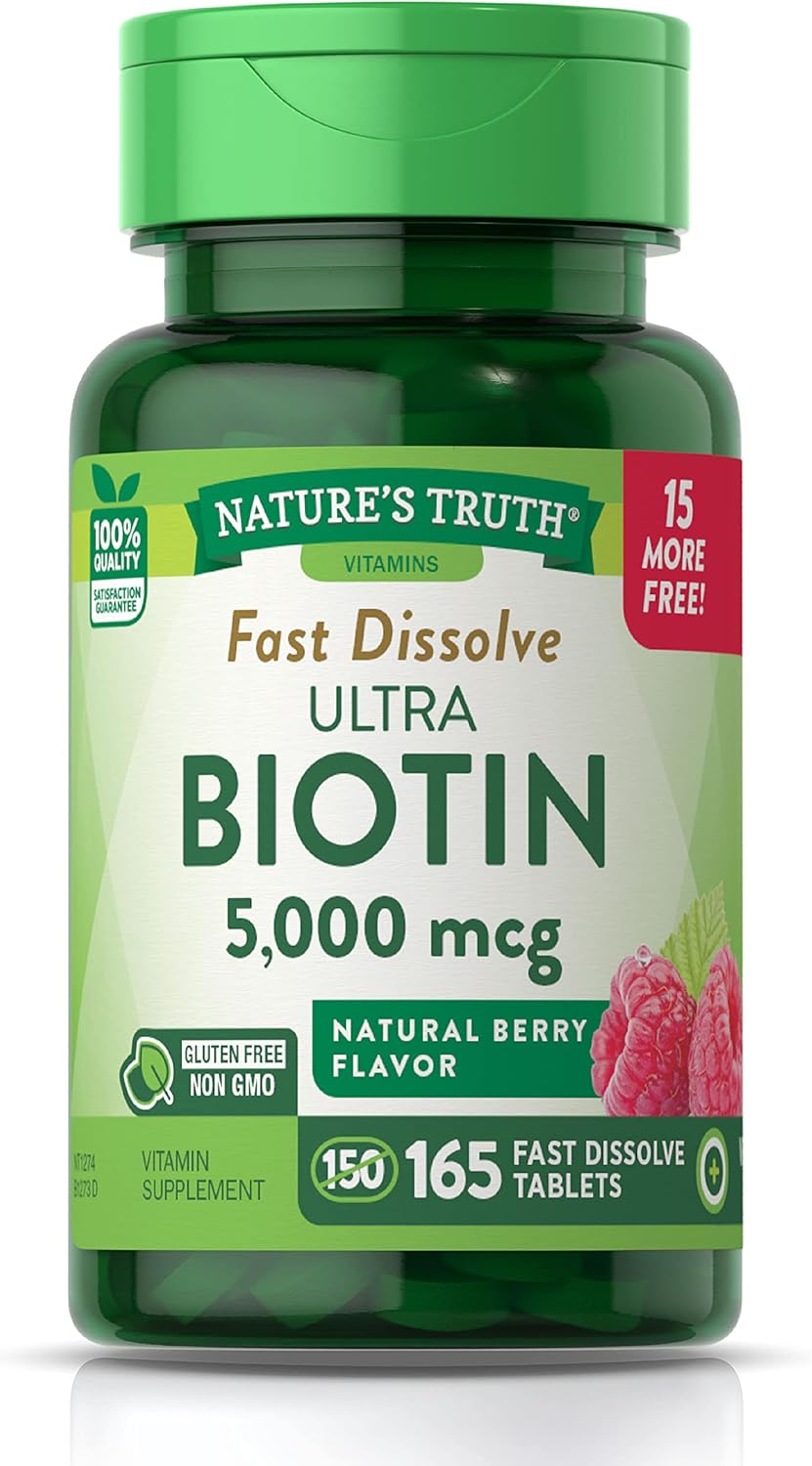 Ultra Biotin 5000mcg | 165 Fast Dissolve Tablets | Hair Skin and Nails Supplement | Natural Berry Flavor | Vegetarian, Non-GMO, Gluten Free | by Nature's Truth