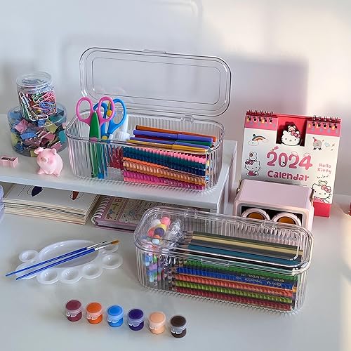 Miniatura 9 de Organizador de bolígrafos transparente con tapa, caja de almacenamiento de accesorios de cajón de escritorio de plástico para oficina en casa y