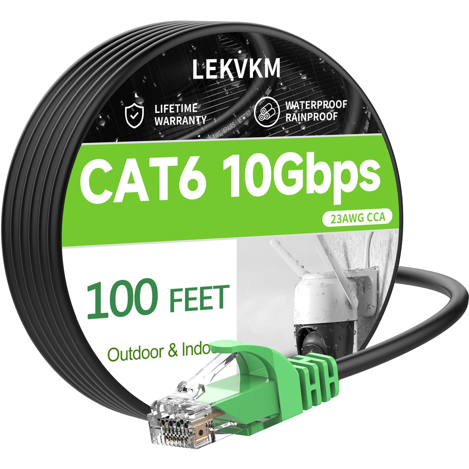 LEKVKM Cat 6 Ethernet Cable 100 ft High Speed 23AWG RJ45 Internet Cable for Outdoor and Indoor Use, Supports 10Gbps CAT6 Networks, Black PE Waterproof, Computer LAN for PCs, 100Feet