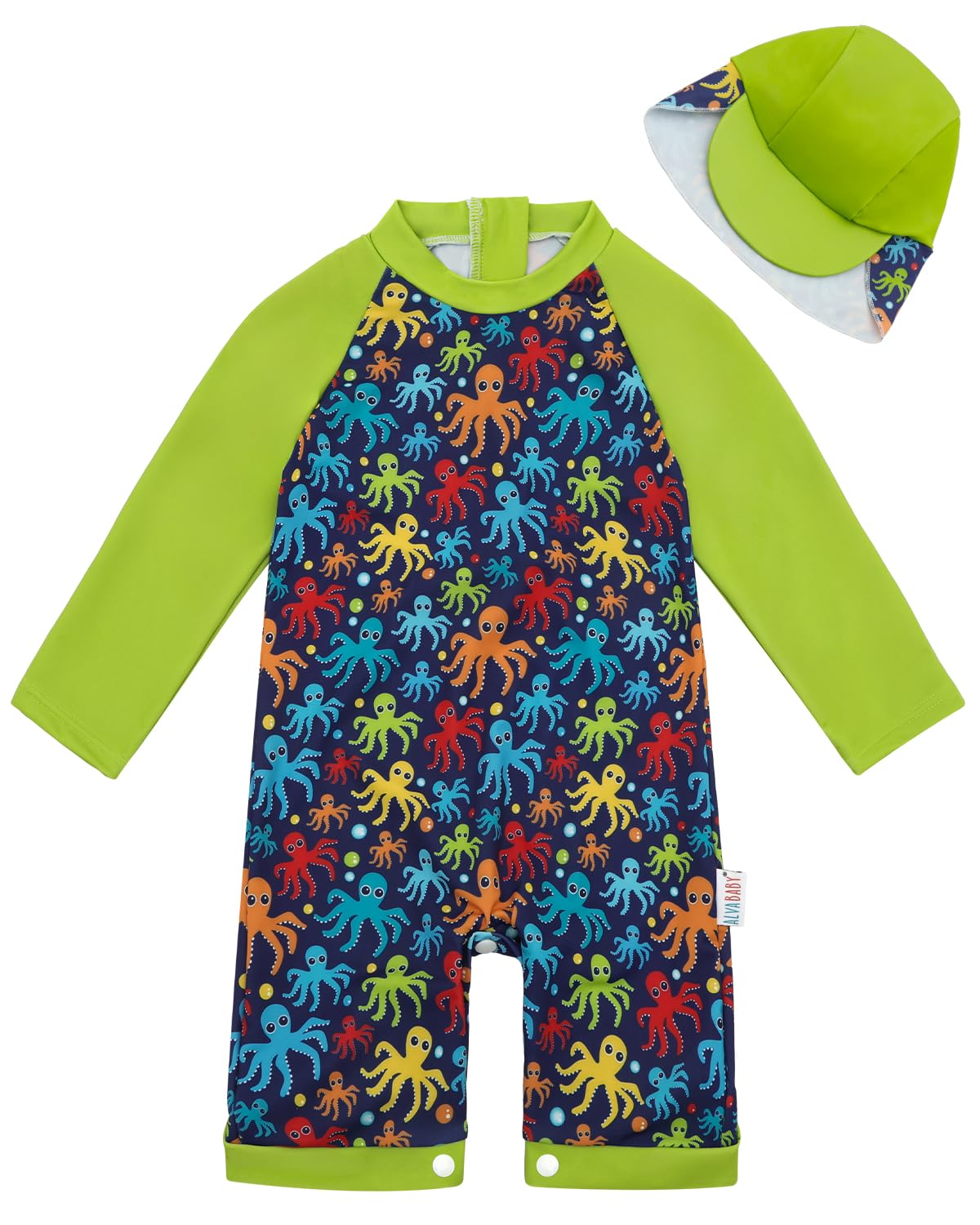 ALVA Baby Boys Girls One Piece Swimsuit with Snap Bottom Toddler Long Sleeve Rash Guard Suit with Sun Hat UPF 50+