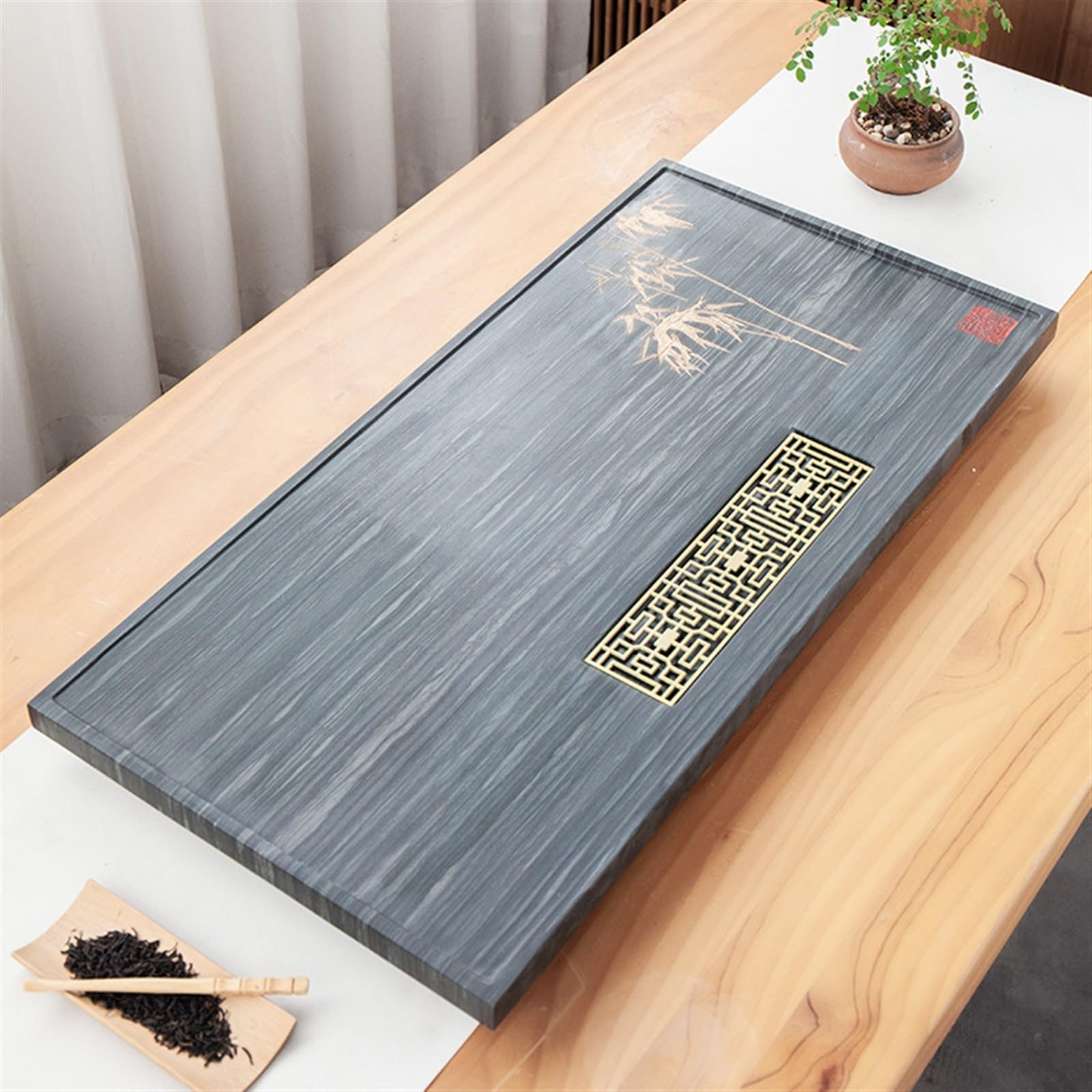 Bandeja de té Simple, Juego de té, Bandeja para el hogar, Oficina, té con Burbujas, Drenaje, Juego de té Chino, Bandeja de Mesa de té de Piedra Verde Entera (un Color, 60 x 30 x 3 cm)