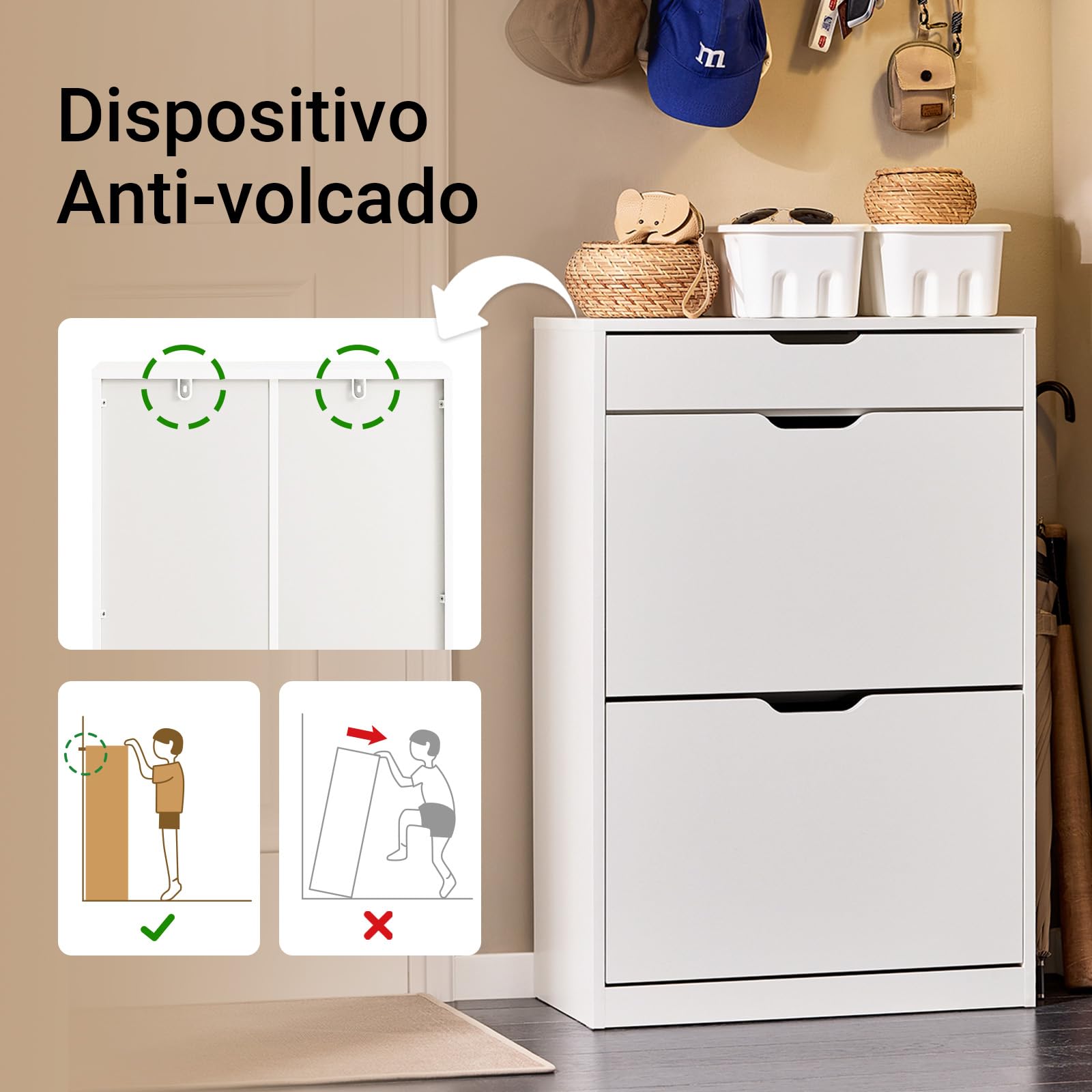 SoBuy Zapatero Estrecho con cajón 60x30x90cm para recibidor | Mueble zapatero con cajón y puertas abatibles para 8 pares, estantes ajustables, blanco FSR180-W