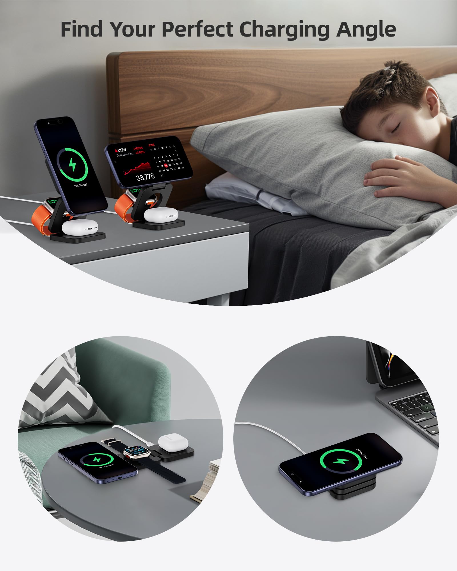 KU XIU X55 Turbo Qi2.2 25W Cargador Inalámbrico para Magsafe, Plegable Estacion de Carga 3 en 1, Magnetico Wireless Charger Base para iPhone 17-12 & Watch & AirPods, Adaptador Incluido, Negro