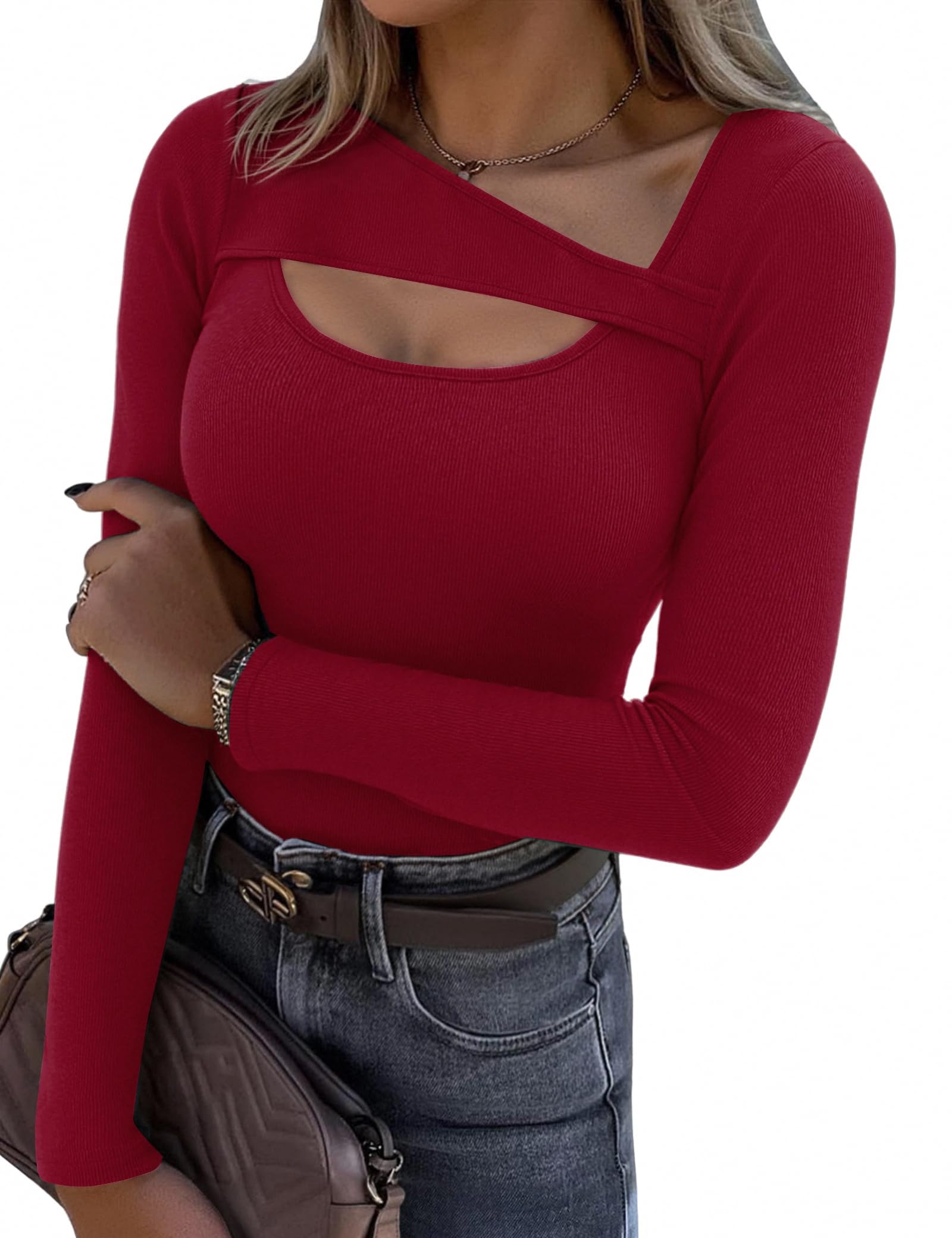 – Long Sleeve Tops Womens Ribbed Cutout Neck Shirts Ladies Basic Pullover Jumpers Top Sexy Fitted Base Layer Underwear Tunic Tee Shirt