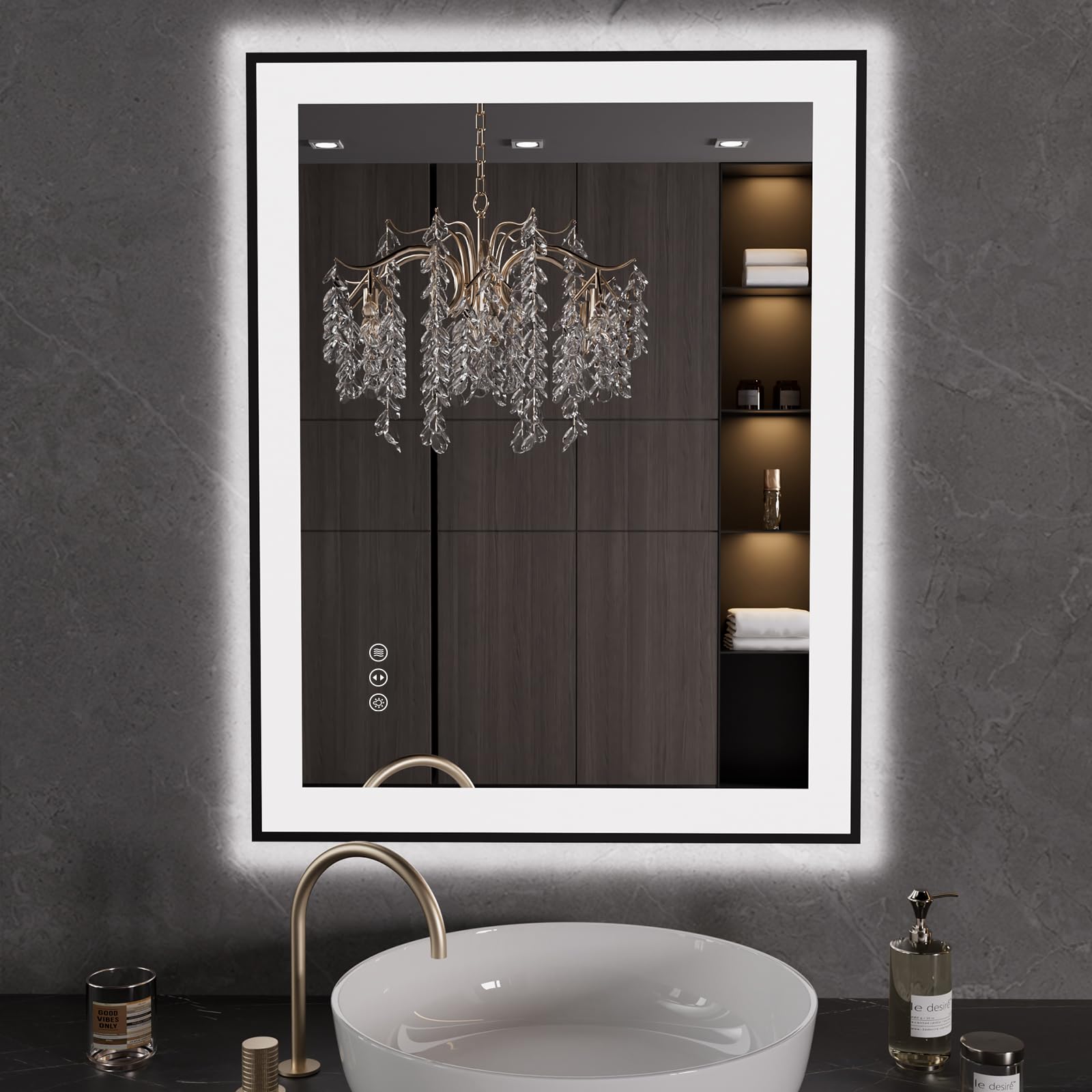 LOAAO 28"X36" LED Bathroom Mirror Black Framed, Anti-Fog, Dimmable, Lighted Bathroom Vanity Mirror for Wall, Memory Function, Tempered Glass