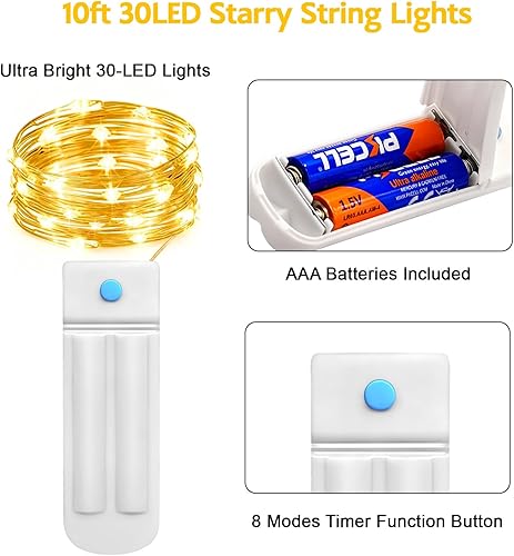Miniatura 2 de YJFWAL Paquete de 12 guirnaldas de 10 ft de 30 luces LED estrelladas con temporizador, 7 modos, impermeables, con pilas mejoradas (incluidas),