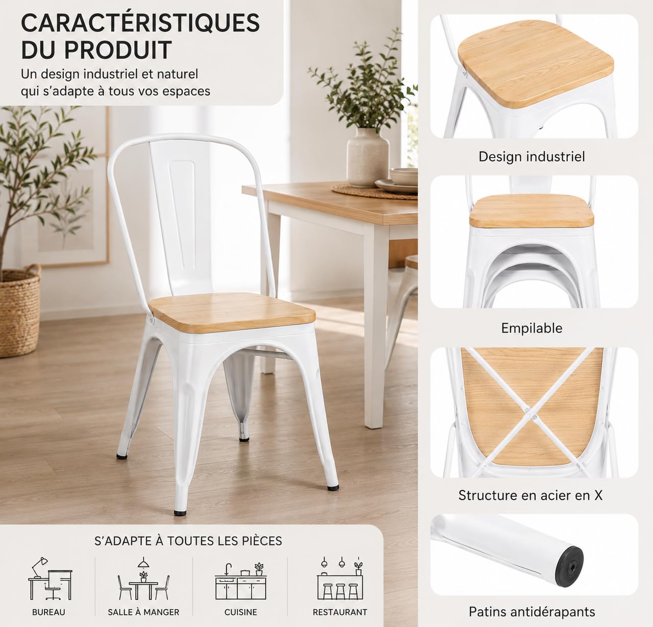 Kosmi Chaise Industrielle Blanche Métal et Bois – Style Factory Vintage – Assise Bois Naturel – Chaise de Salle à Manger, Cuisine, Restaurant, Café – Empilable – Robuste et Confortable