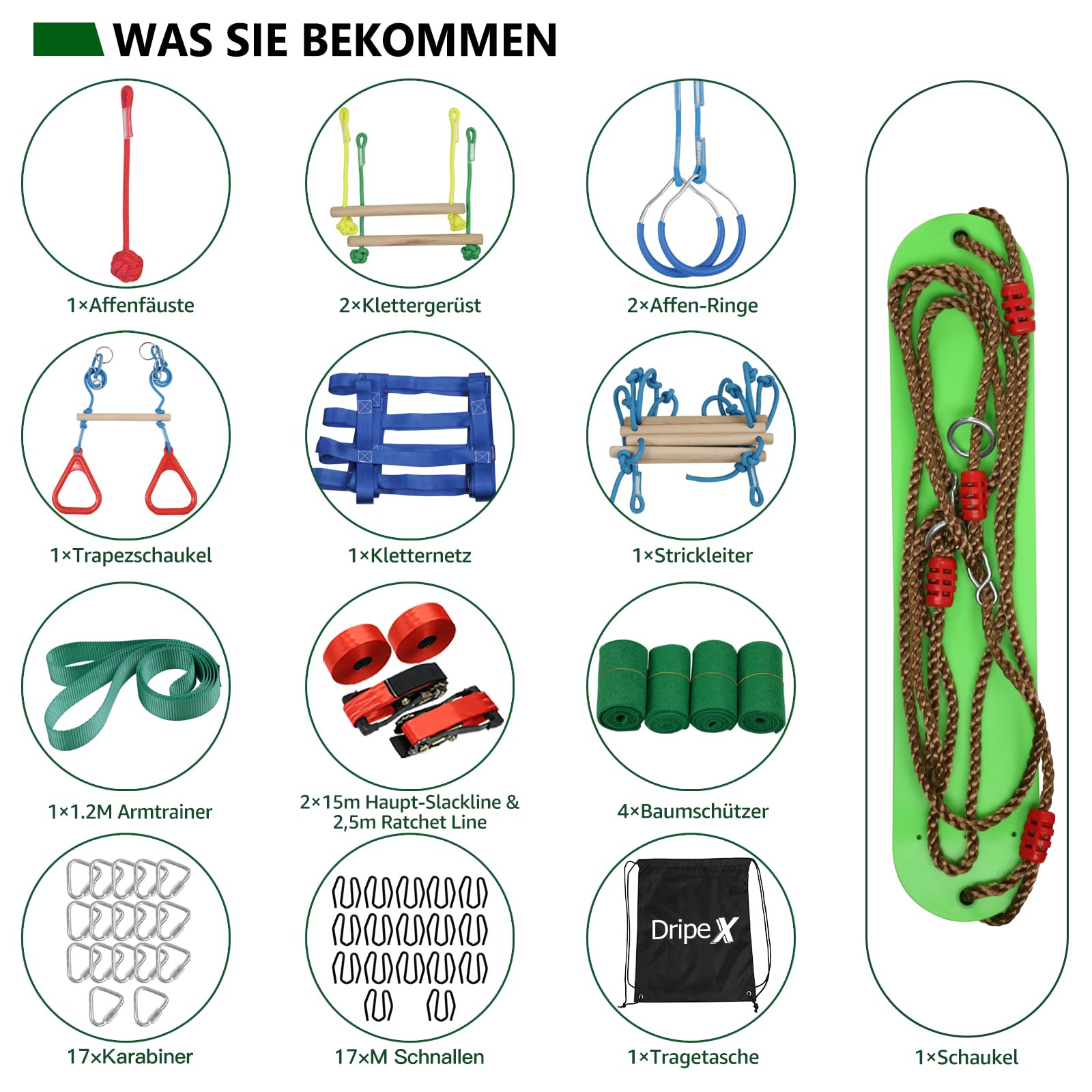 Dripex Slackline, Ninja Slackline Kinder 2×15m und Ninja Warrior Hindernisparcours Garten im Freien,Ninja Parcours Kinder mit Schaukel, Kletterleiter, Kletternetz und Baumschutz, geeignet für Anfänger