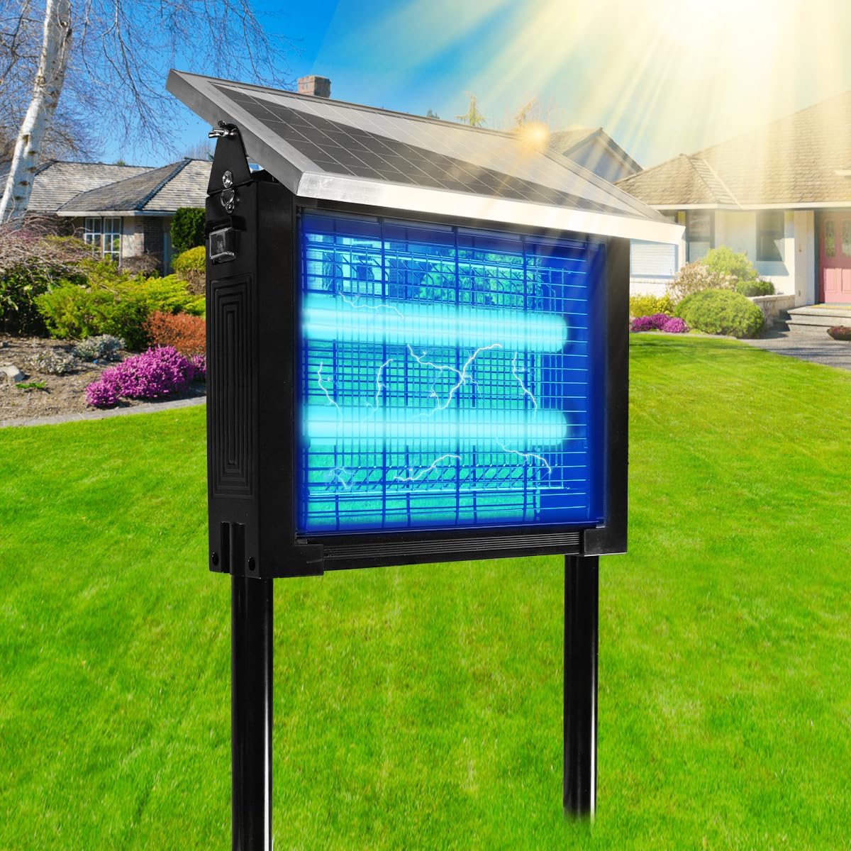 Solar Bug Zapper Outdoor 3000V, Rechargeable Mosquito Zapper with Solar Panel & USB Charging, Waterproof Cordless Electric Fly Trap with Auto Light Sensor for Patio Yard Garden Camping