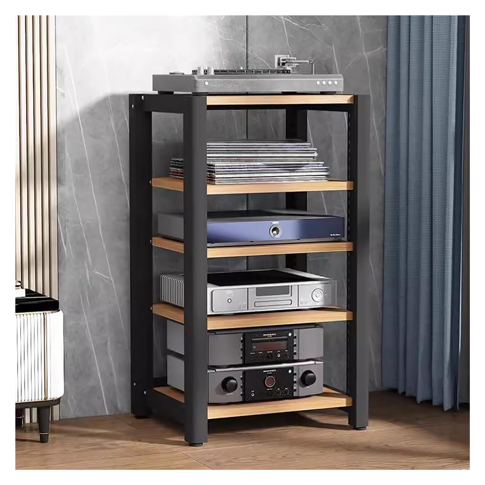 Scaffale portaoggetti angolare Stereo a 5 Ripiani con Giradischi, Console per Videogiochi, Mobile Porta TV per dispositivi Audio e Video, per Soggiorno, Sala Giochi, Sala di Registrazione, c