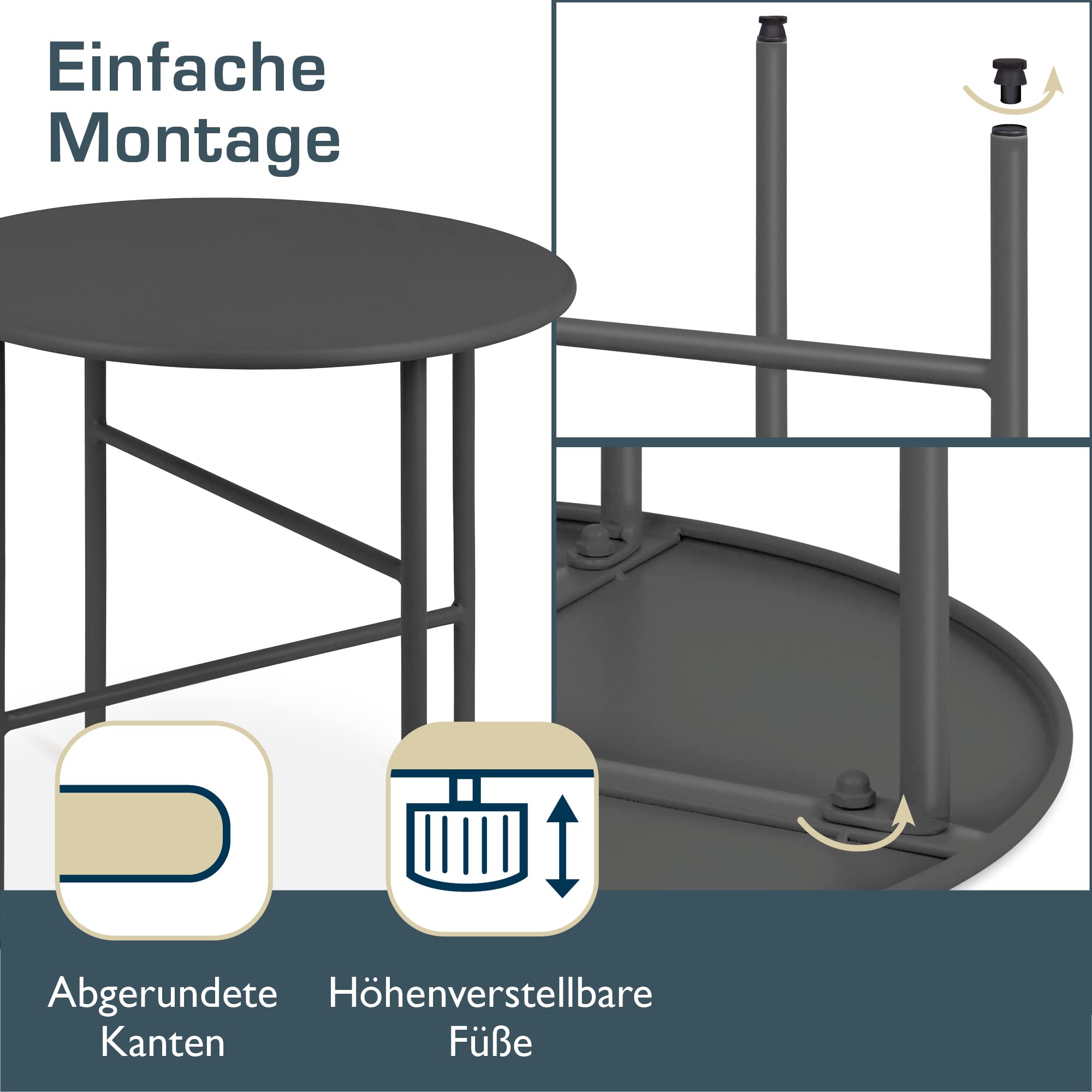 bomoe Beistelltisch Outdoor Gartentisch Rund Ø 44 cm Tischplatte Kratzfest – Stabiler Wohnzimmer Couchtisch Leicht In- & Outdoor Balkon Tisch Terrasse – Schwarz Nachttisch Bett Schlafzimmer Finn