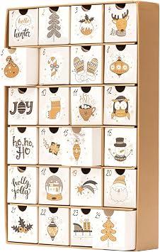 Fill Your Own Advent Calendar 24 Days Reusable 1-24 Empty Drawers for Christmas Countdown (Gold)