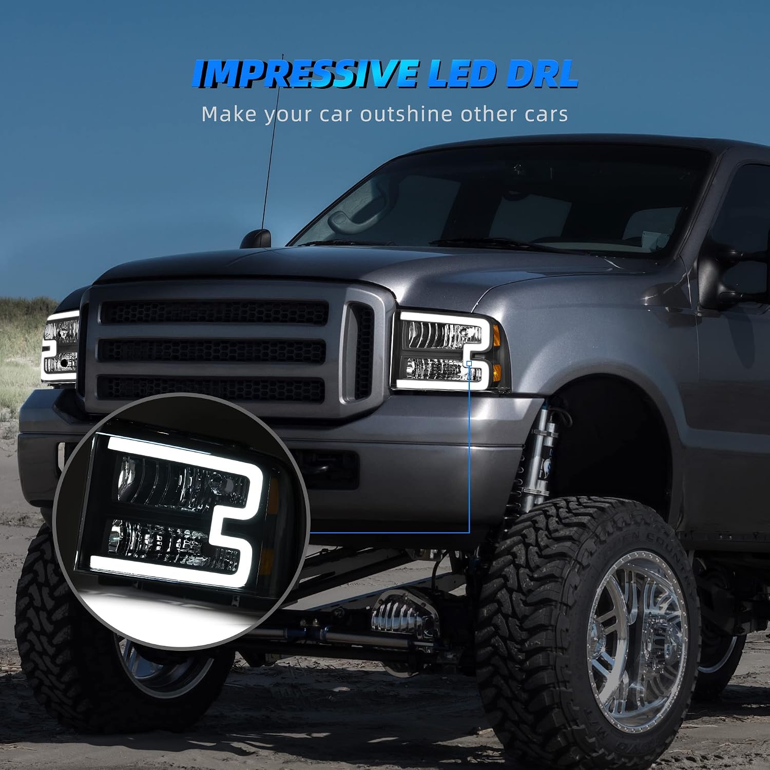 AUTOSAVER88 LED DRL Headlight Assembly Compatible with 2005 2006 2007 Ford F-250 F-350 F-450 F-550 Super Duty / 2005 Ford Excursion Headlamp Replacement Pair Black Housing for 07 F250 Headlights 05-07