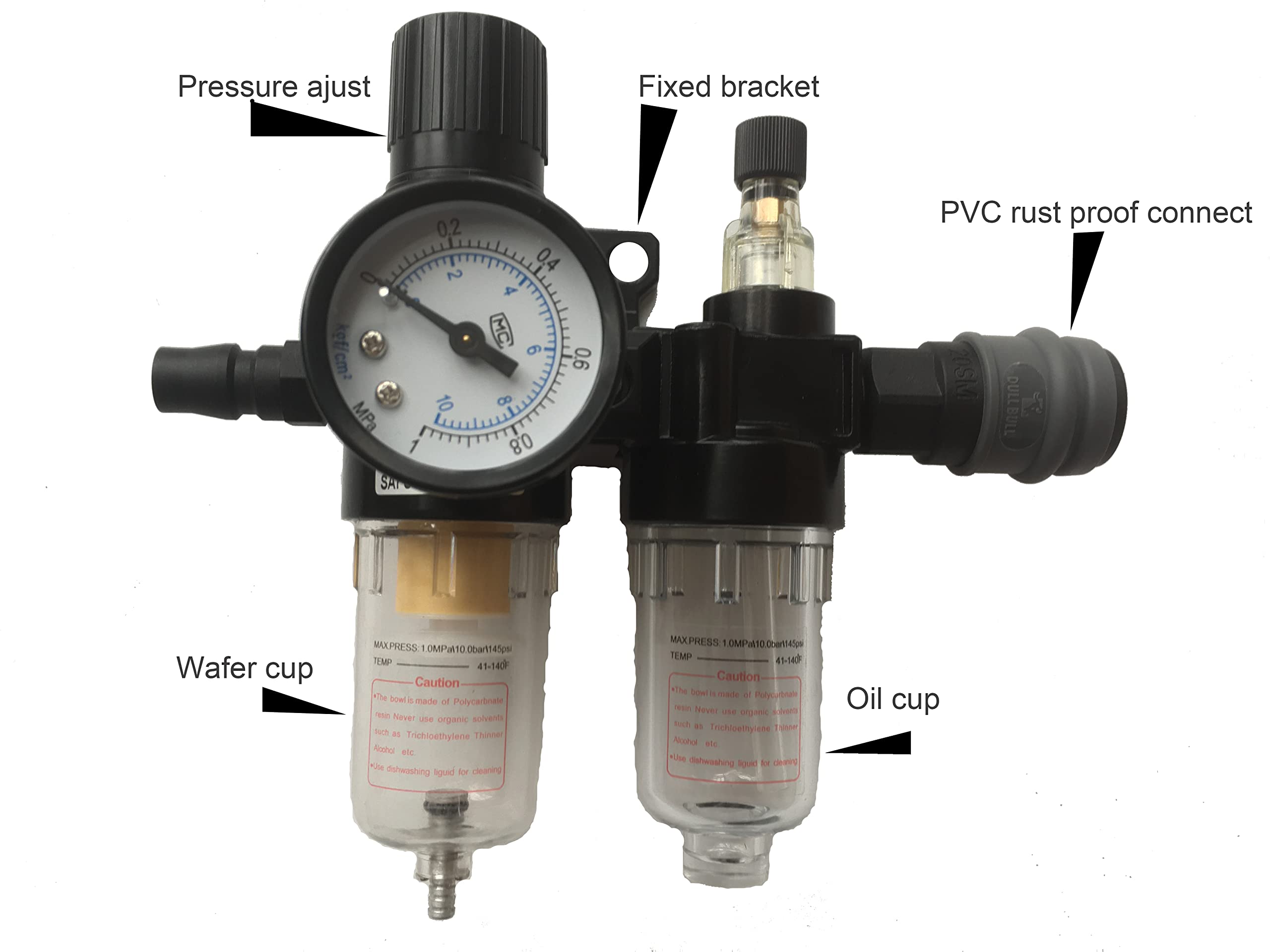 Druckluftregler, Luftfilter, 1/4 BPS Druckregler Mit Wasserabscheider Deutsche Schnellkupplungen Und Manometer 88109703