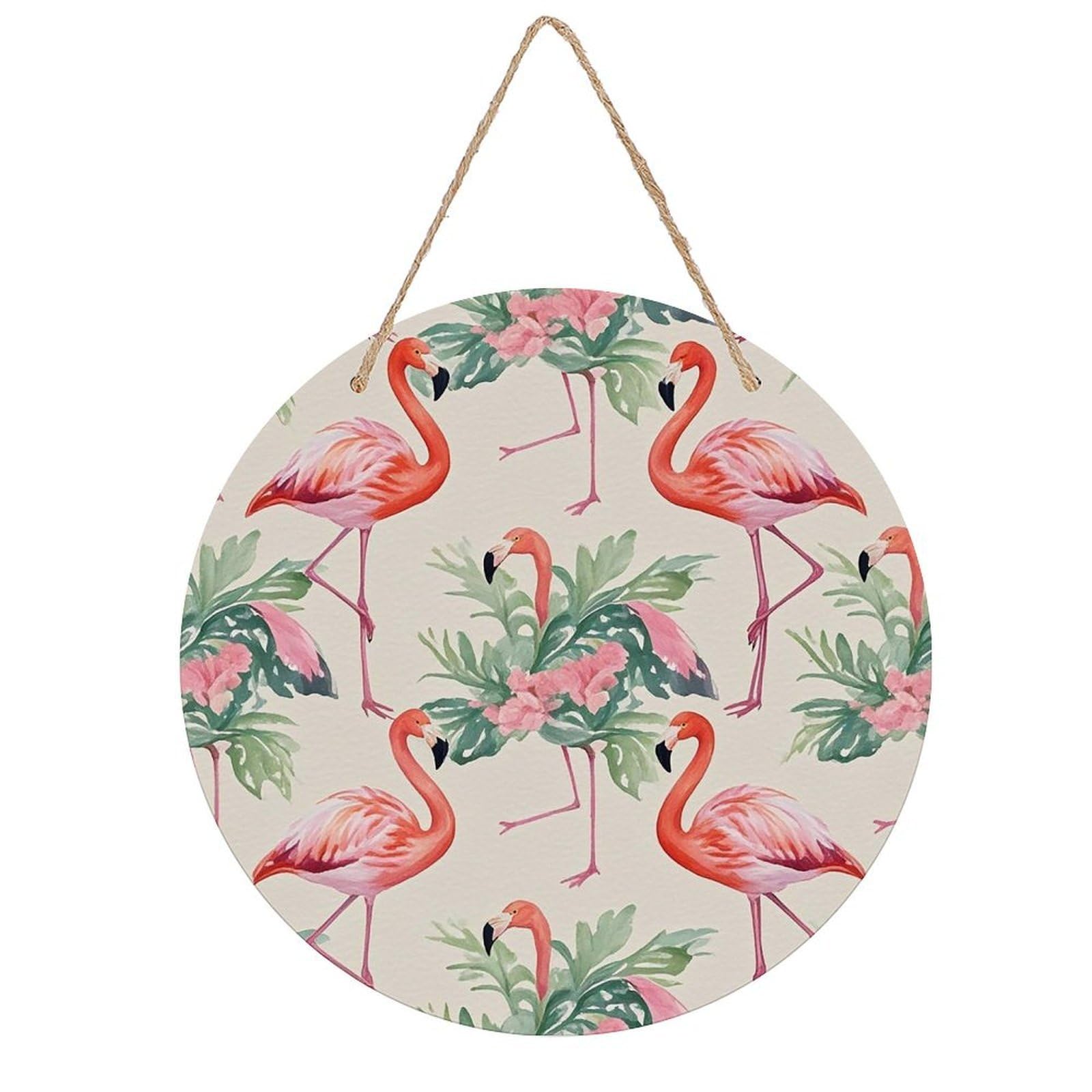 FekiLoot Watercolor Flamingo Wall Art Decor Round Wood Hanging Sign Decoration Wooden Circle Door Sign Round Hanging Decorative Wood Plaque Door Hanger for Home Outdoor Indoor Decoration
