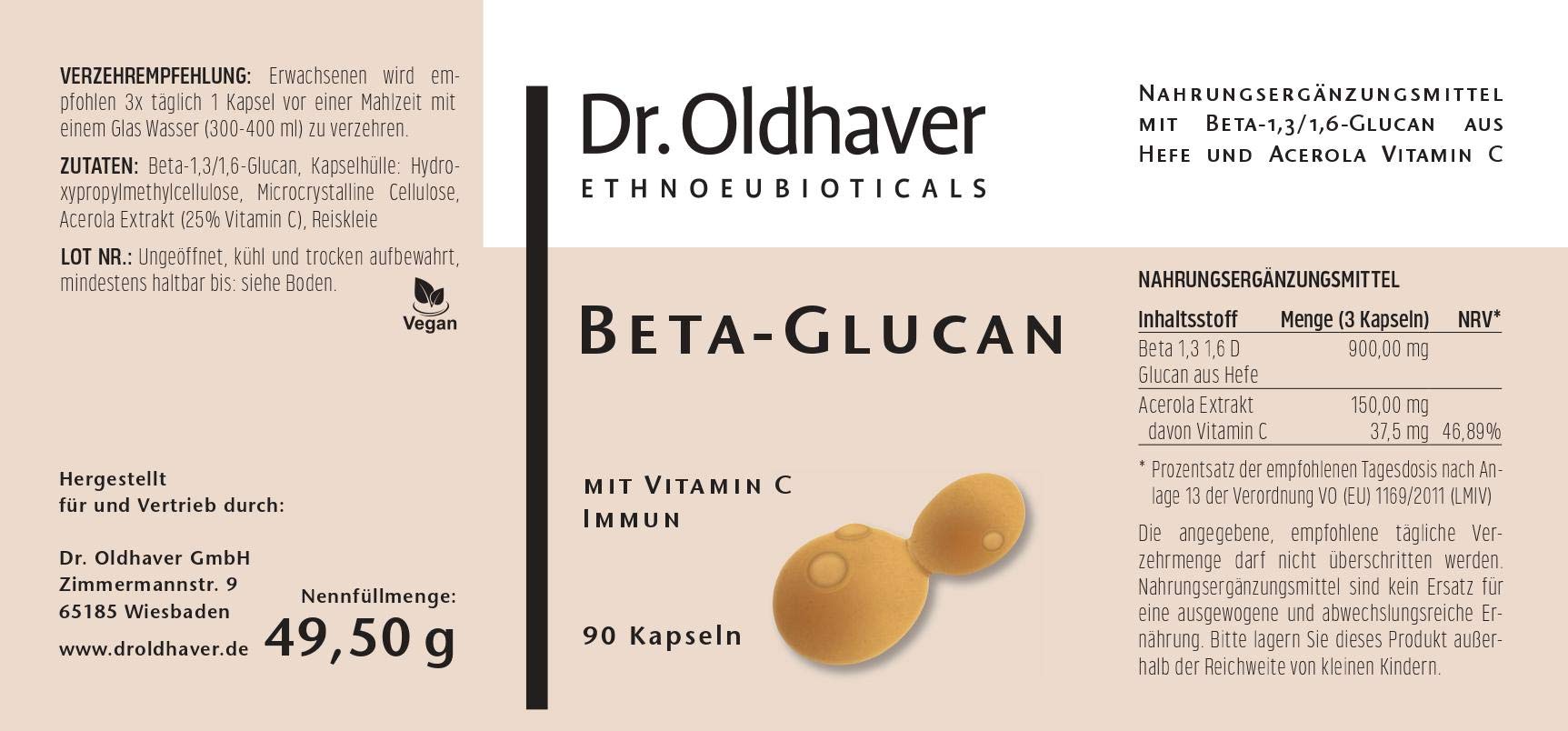 Dr. Oldhaver/Beta Glucan Vitamin C Immun/zur Unterstützung des Immunsystems/Beta-1,3/1,6-Glucan Kapseln/Acerola Extrakt / 90 Kapseln