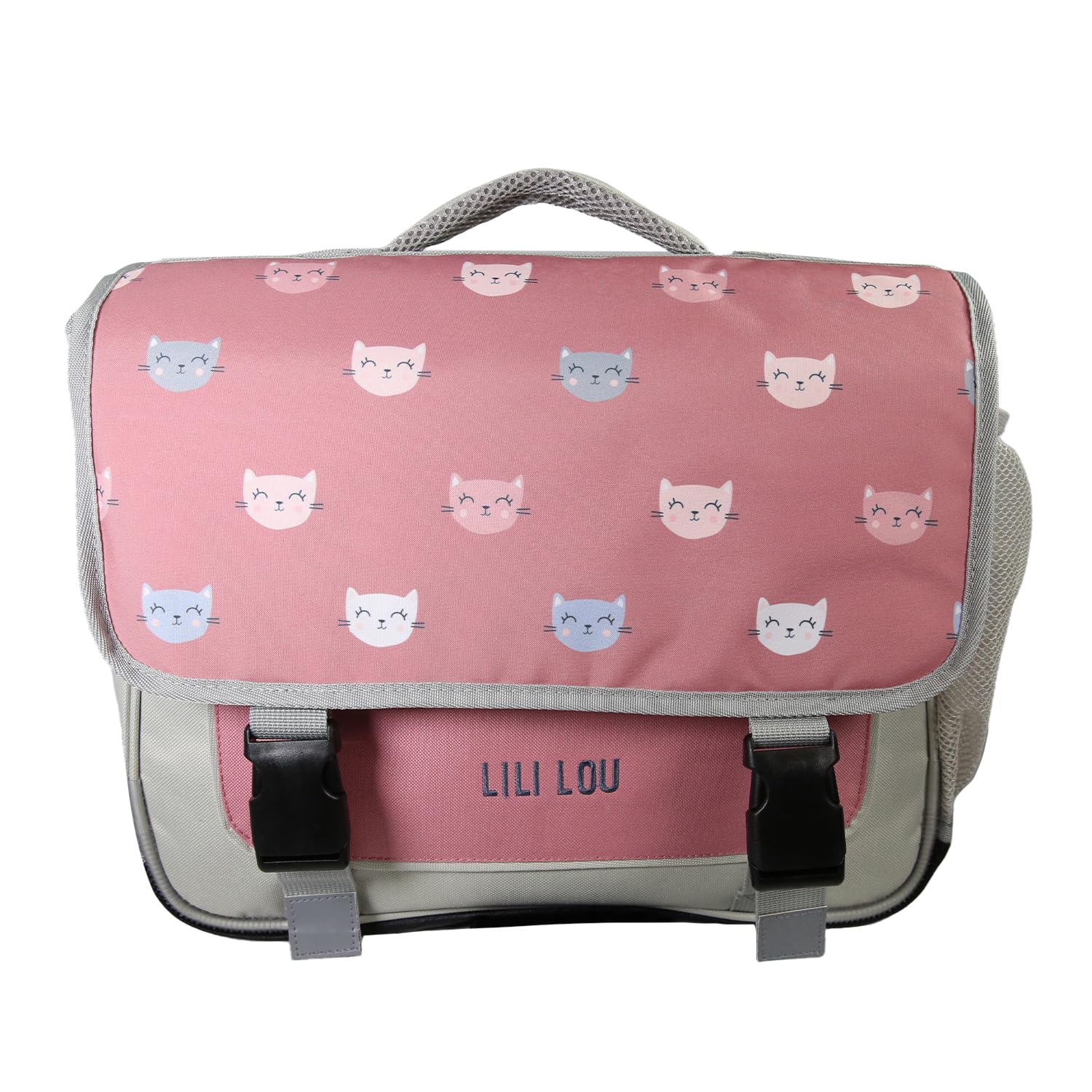 Bagtrotter - Lili Lou - Cartable 38cm - Gris et Rose - 2 Compartiments - 1 Poche Sous Rabat - 1 Poche Bouteille - Bretelles Matelassés - Fond Renforcé - Dos Matelassé - 38x13x34cm - Matière