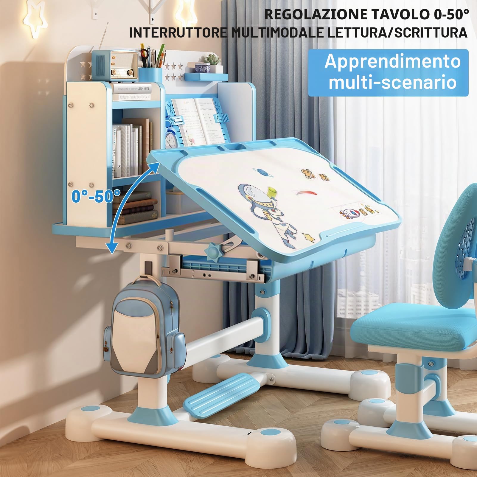 Set scrivania e sedia da studio per bambini, altezza regolabile, set di sedie da tavolo scolastico per bambini e ragazze, tavoli di apprendimento con lampada, supporto per libri, cassetto di
