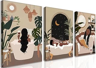 Black Girl Bathroom Wall Art Set of 3, Fashion Boho Black Woman Canvas W...