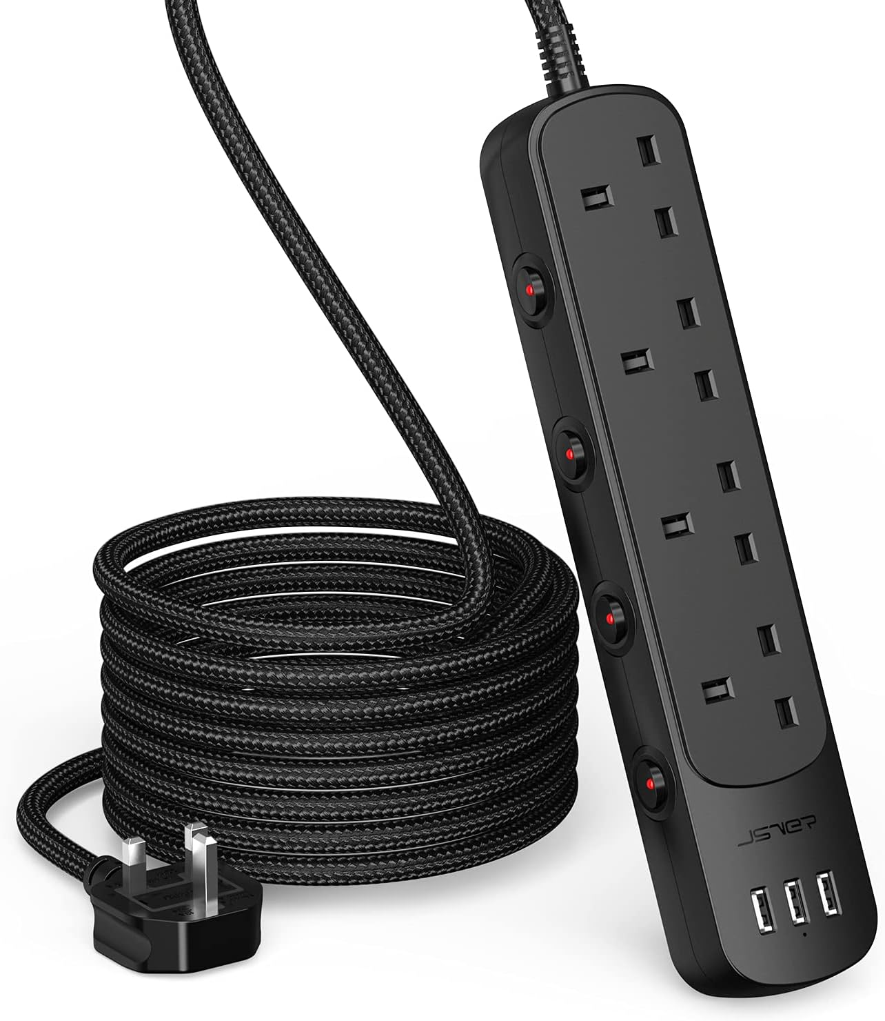 JSVER Extension Lead with Switch,4 Way Desktop Power Strip with 3 USB