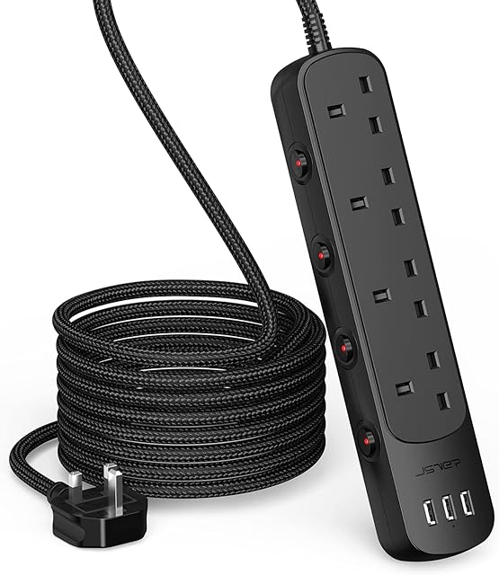 JSVER Extension Lead with Switch,4 Way Desktop Power Strip with 3 USB Ports Wall Mountable with 4 Individual Switches,2m Extension Cord, Black