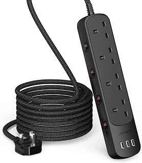 JSVER Extension Lead with Switch,4 Way Desktop Power Strip with 3 USB Ports Wall Mountable with 4 Individual Switches,2m Extension Cord, Black