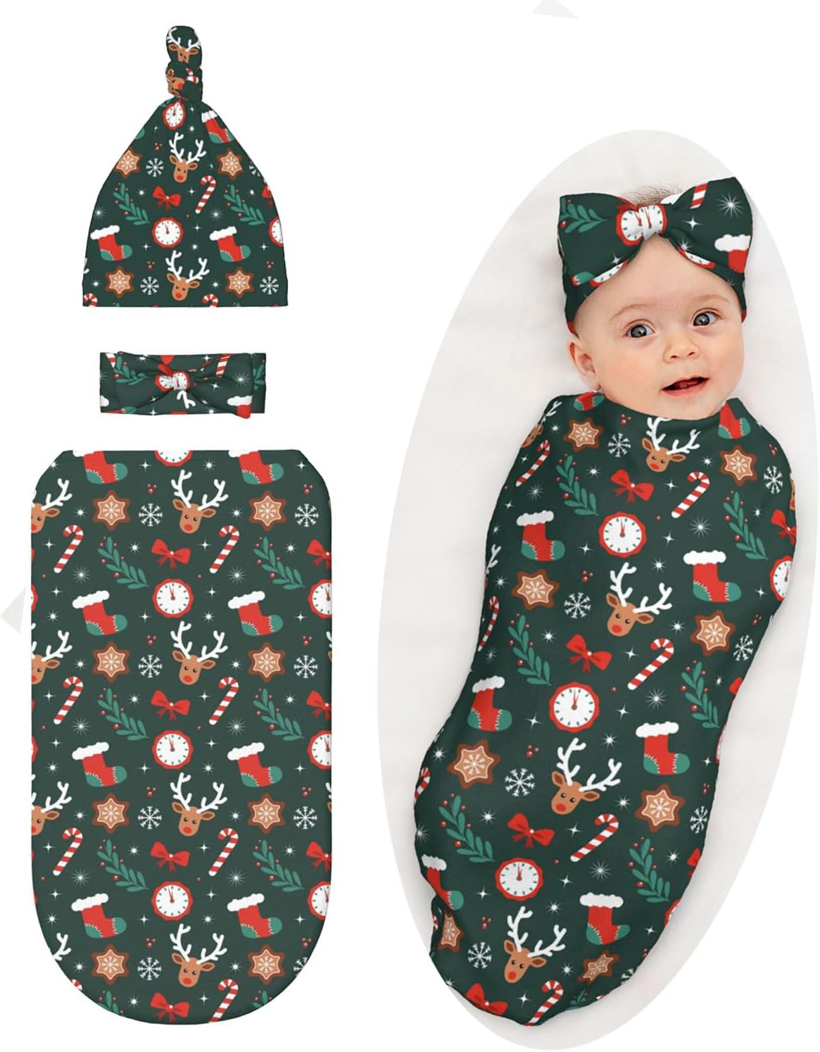 Christmas Swaddle Blanket Newborn Receiving Blanket Baby Swaddle Wrap with Headband Hat Set for Baby Girls Boys
