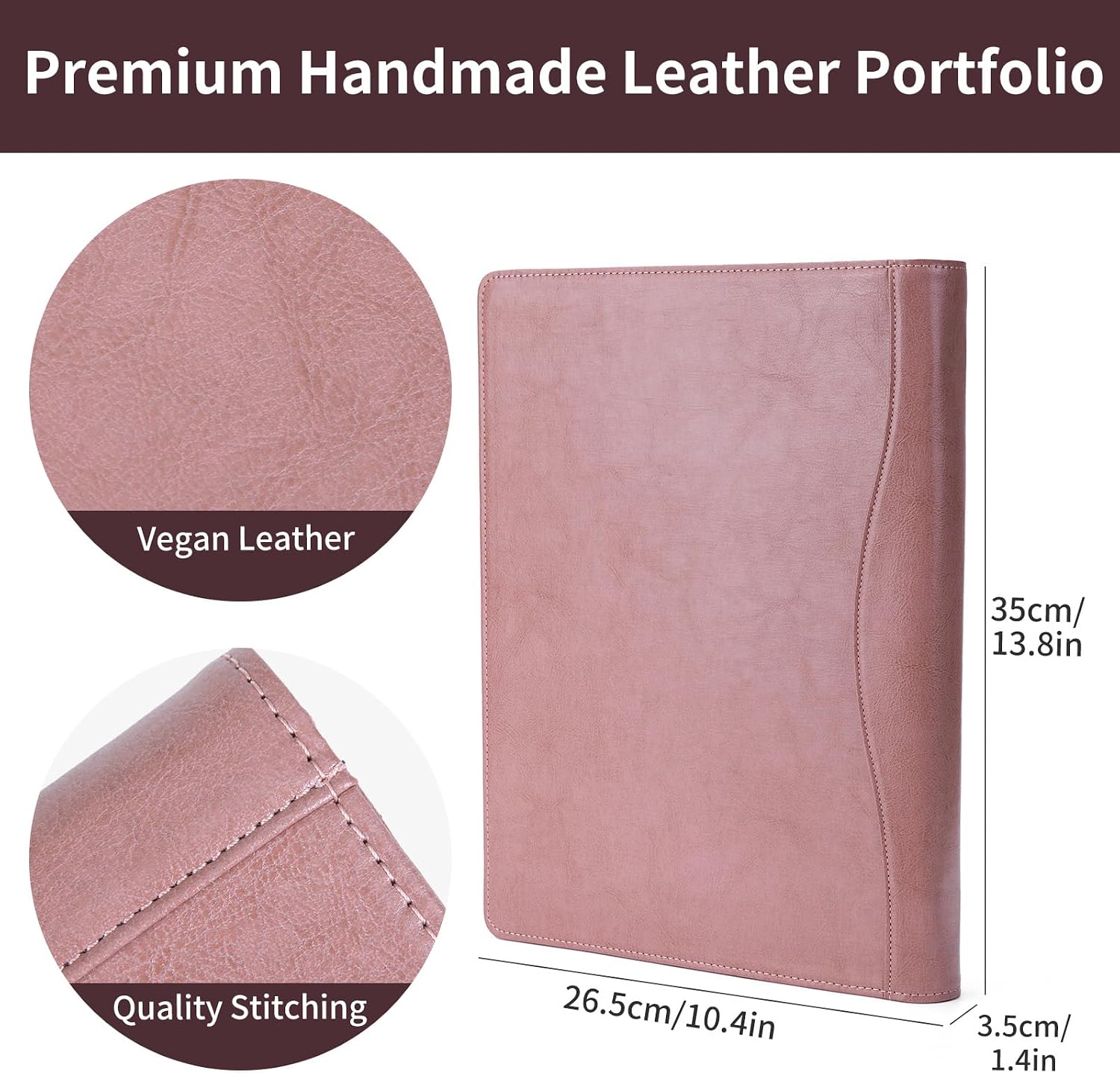 Vegan Leather 3 Ring Binder, 8.5 x 11 Letter Size Folio with Pen Holder, Soft Notebook Portfolio Cover, Slim Notepad Padfolio Thin File Organizer for Work Executive Meeting, Pink